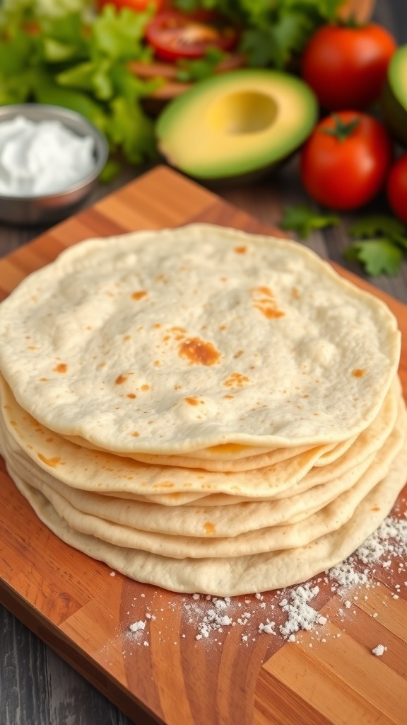Simple 4-Ingredient Tortillas Recipe A stack of soft homemade tortillas on a wooden board with fresh ingredients for tacos in the background.